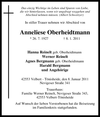 Traueranzeige von Anneliese Oberheidtmann von Tageszeitung