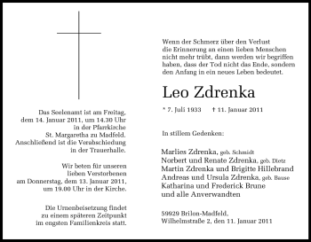 Traueranzeige von Leo Zdrenka von Tageszeitung