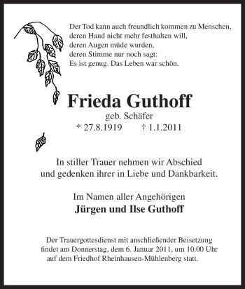 Traueranzeige von Frieda Guthoff von Tageszeitung