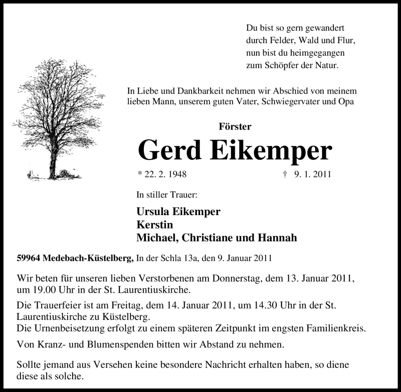  Traueranzeige für Gerd Eikemper vom 11.01.2011 aus Tageszeitung