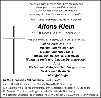 Traueranzeige von Alfons Klein von Tageszeitung