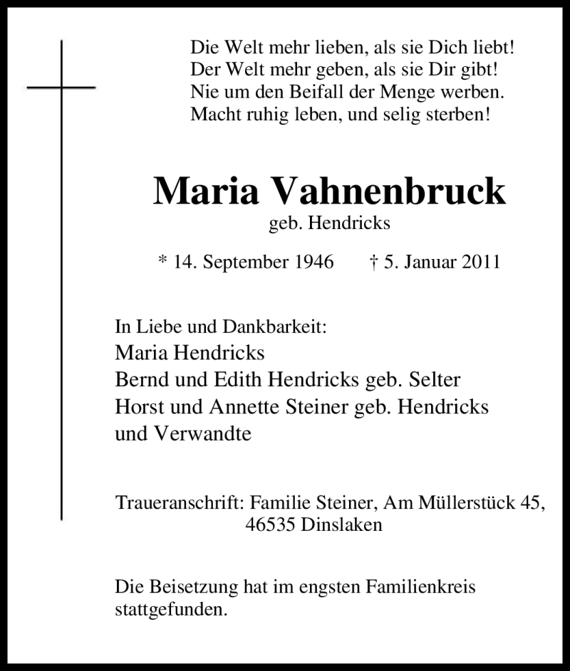  Traueranzeige für Maria Vahnenbruck vom 11.01.2011 aus Tageszeitung