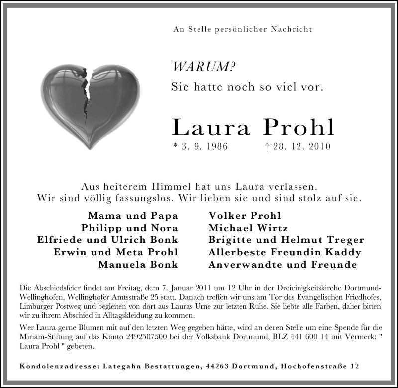  Traueranzeige für Laura Prohl vom 04.01.2011 aus Tageszeitung