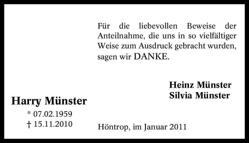  Traueranzeige für Harry Münster vom 08.01.2011 aus Tageszeitung