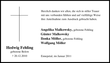 Traueranzeige von Hedwig Fehling von Tageszeitung
