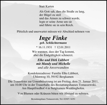 Traueranzeige von Inge Finke von Tageszeitung
