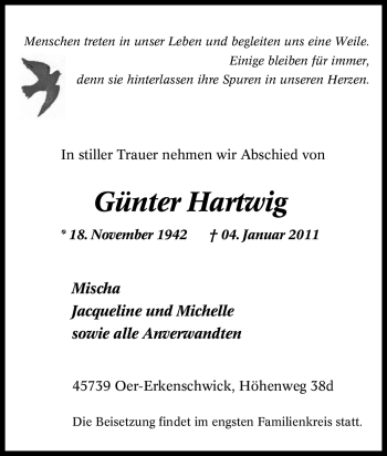 Traueranzeige von Günter Hartwig von Tageszeitung