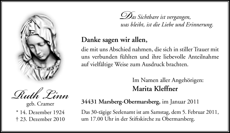  Traueranzeige für Ruth Linn vom 29.01.2011 aus Tageszeitung