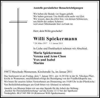Traueranzeige von Willi Spiekermann von Tageszeitung