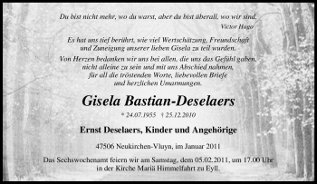 Traueranzeige von Gisela Bastian-Deselaers von Tageszeitung