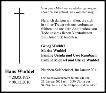Traueranzeige von Hans Wuddel von Tageszeitung