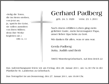 Traueranzeige von Gerhard Padberg von Tageszeitung
