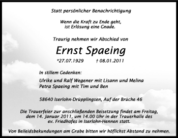 Traueranzeige von Ernst Spaeing von Tageszeitung
