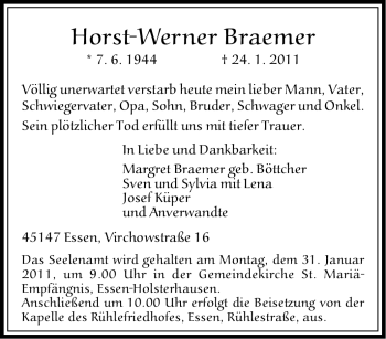 Traueranzeige von Horst-Werner Braemer von Tageszeitung