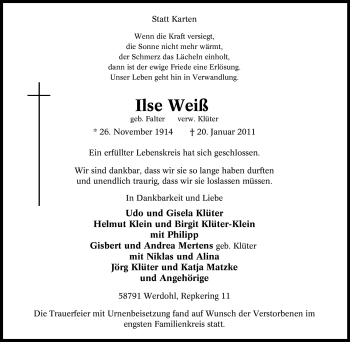 Traueranzeige von Ilse Weiß von Tageszeitung