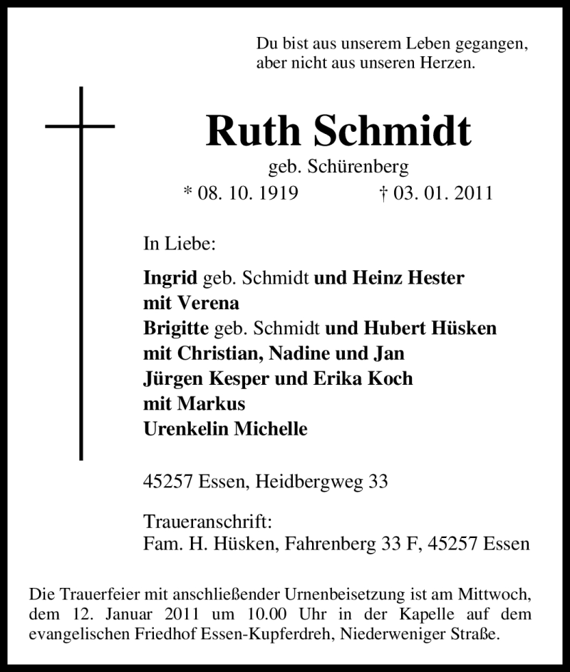  Traueranzeige für Ruth Schmidt vom 08.01.2011 aus Tageszeitung