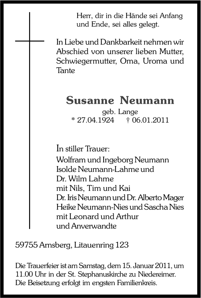 Traueranzeigen von Susanne Neumann | Trauer-in-NRW.de