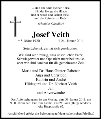 Traueranzeige von Josef Veith von Tageszeitung