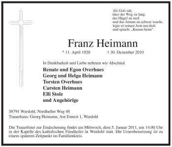 Traueranzeige von Franz Heimann von Tageszeitung