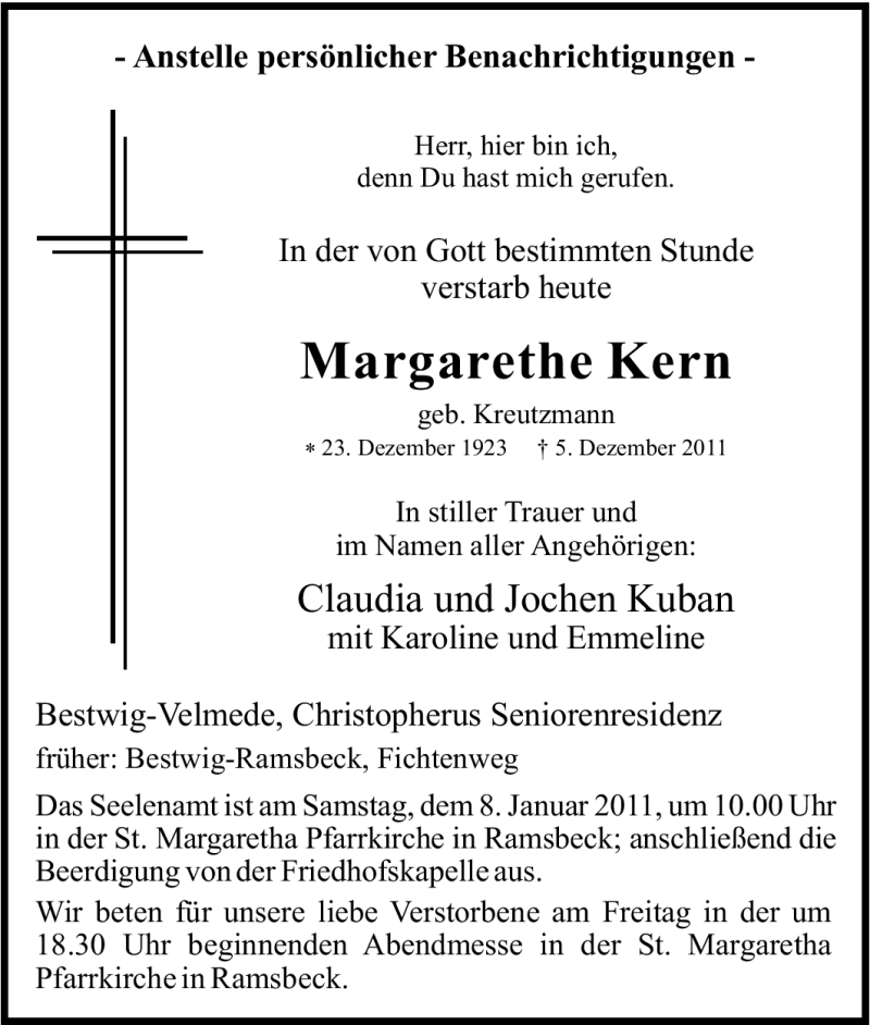  Traueranzeige für Margarethe Kern vom 07.01.2011 aus Tageszeitung