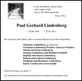 Traueranzeige von Paul Gerhard Lindenberg von Tageszeitung