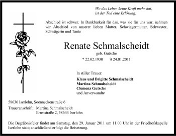 Traueranzeige von Renate Schmalscheidt von Tageszeitung