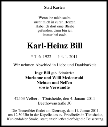 Traueranzeige von Karl-Heinz Bill von Tageszeitung