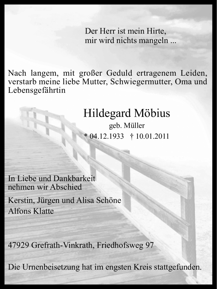  Traueranzeige für Hildegard Möbius vom 22.01.2011 aus Tageszeitung