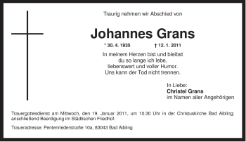 Traueranzeige von Johannes Grans von Tageszeitung