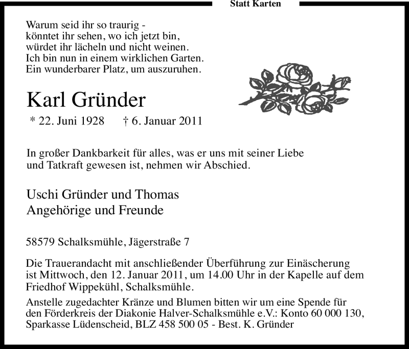  Traueranzeige für Karl Gründer vom 10.01.2011 aus Tageszeitung
