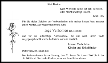 Traueranzeige von Inge Verhohlen von Tageszeitung
