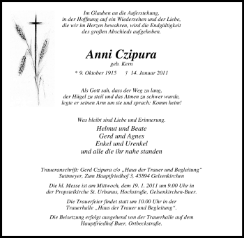 Traueranzeige von Anni Czipura von Tageszeitung
