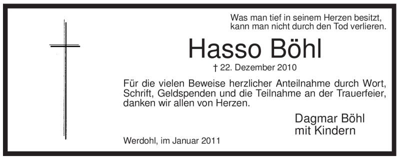  Traueranzeige für Hasso Böhl vom 29.01.2011 aus Tageszeitung