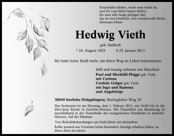 Traueranzeige von Hedwig Vieth von Tageszeitung
