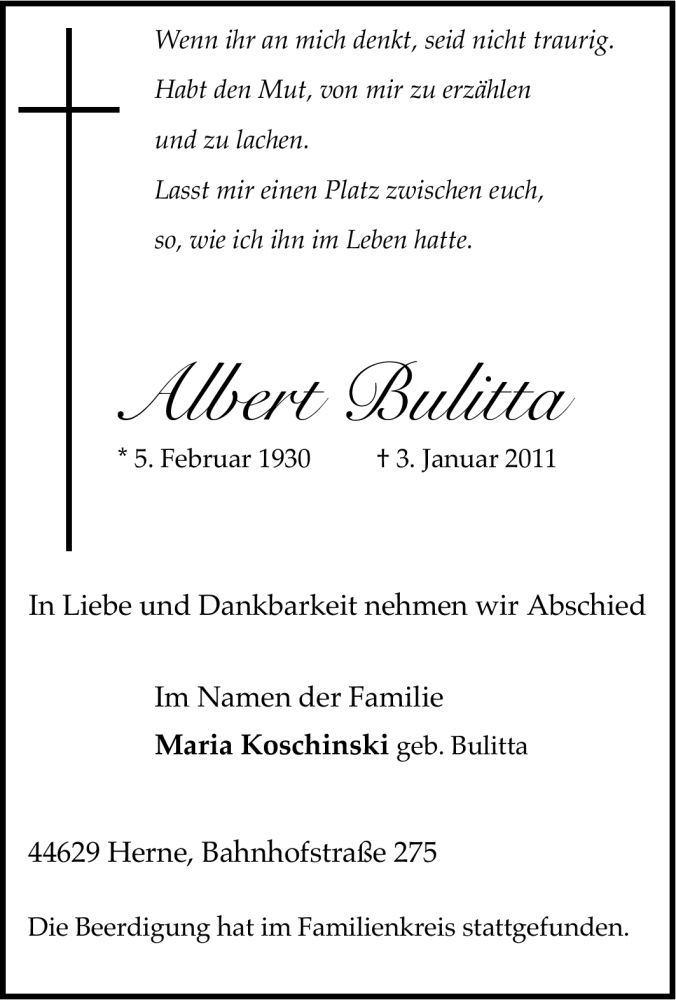 Traueranzeigen von Albert Bulitta TrauerinNRW.de