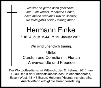 Traueranzeige von Hermann Finke von Tageszeitung