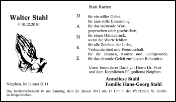 Traueranzeige von Walter Stahl von Tageszeitung