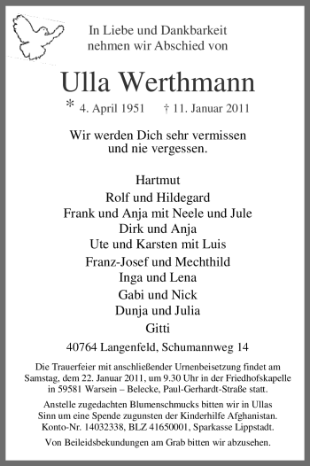 Traueranzeige von Ulla Werthmann von Tageszeitung