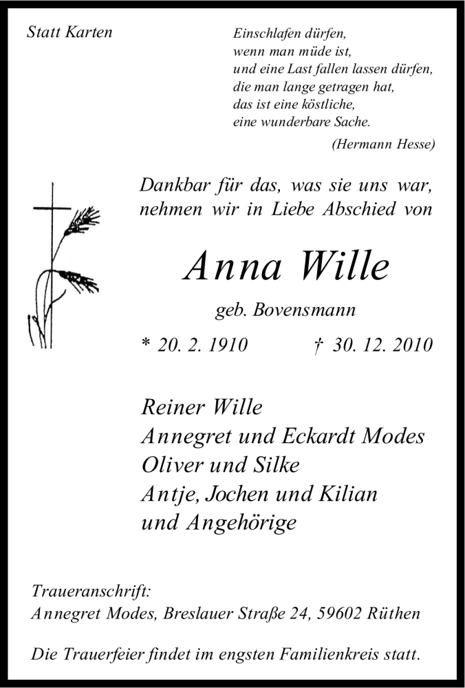  Traueranzeige für Anna Wille vom 08.01.2011 aus Tageszeitung