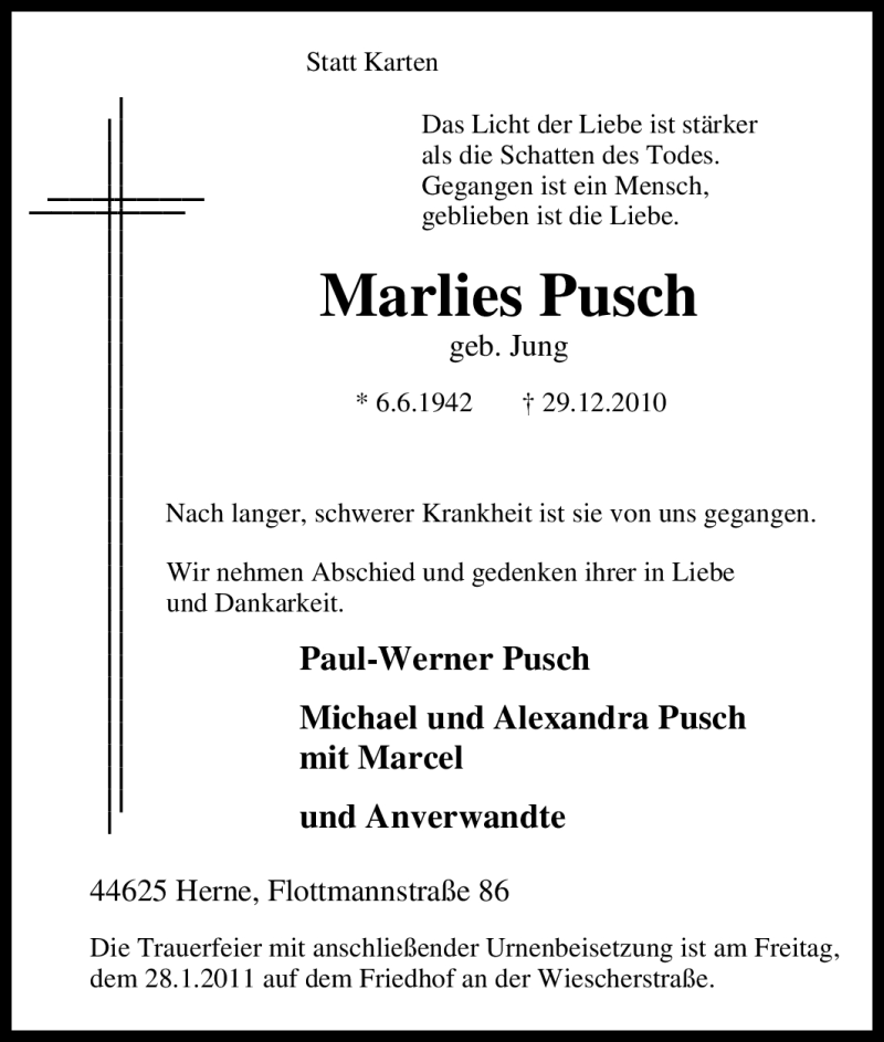  Traueranzeige für Marlies Pusch vom 28.01.2011 aus Tageszeitung