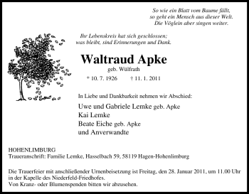 Traueranzeige von Waltraud Apke von Tageszeitung