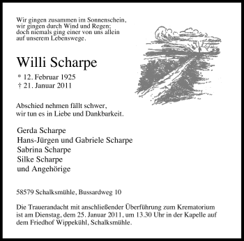 Traueranzeige von Willi Scharpe von Tageszeitung