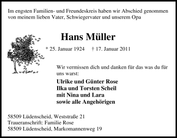 Traueranzeige von Hans Müller von Tageszeitung