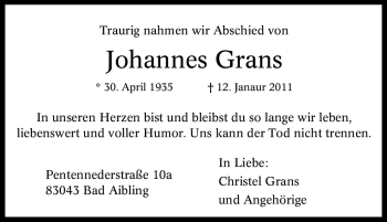 Traueranzeige von Johannes Grans von Tageszeitung
