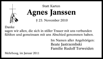 Traueranzeige von Agnes Janssen von Tageszeitung