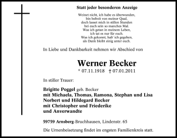 Traueranzeige von Werner Becker von Tageszeitung