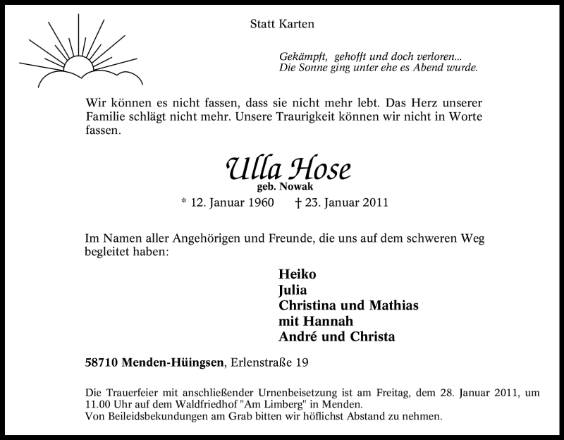  Traueranzeige für Ulla Hose vom 25.01.2011 aus Tageszeitung