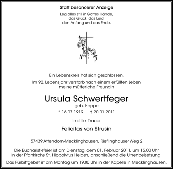 Traueranzeige von Ursula Schwertfeger von Tageszeitung
