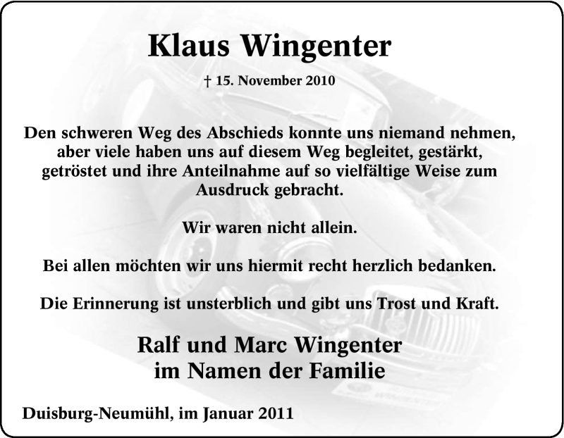  Traueranzeige für Klaus Wingenter vom 08.01.2011 aus Tageszeitung