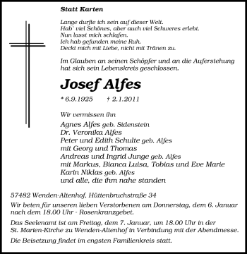 Traueranzeige von Josef Alfes von Tageszeitung